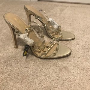 Brand new strappy studded heel; size 9: 4.5”; Gold